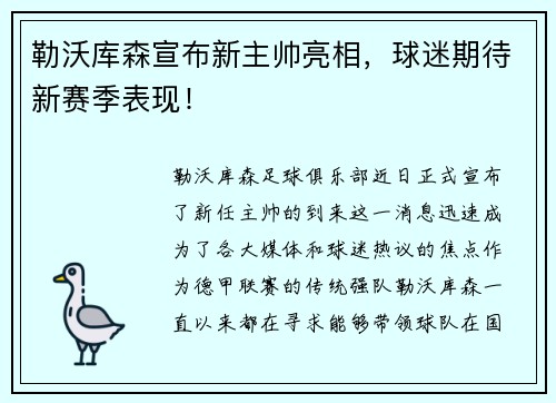 勒沃库森宣布新主帅亮相，球迷期待新赛季表现！